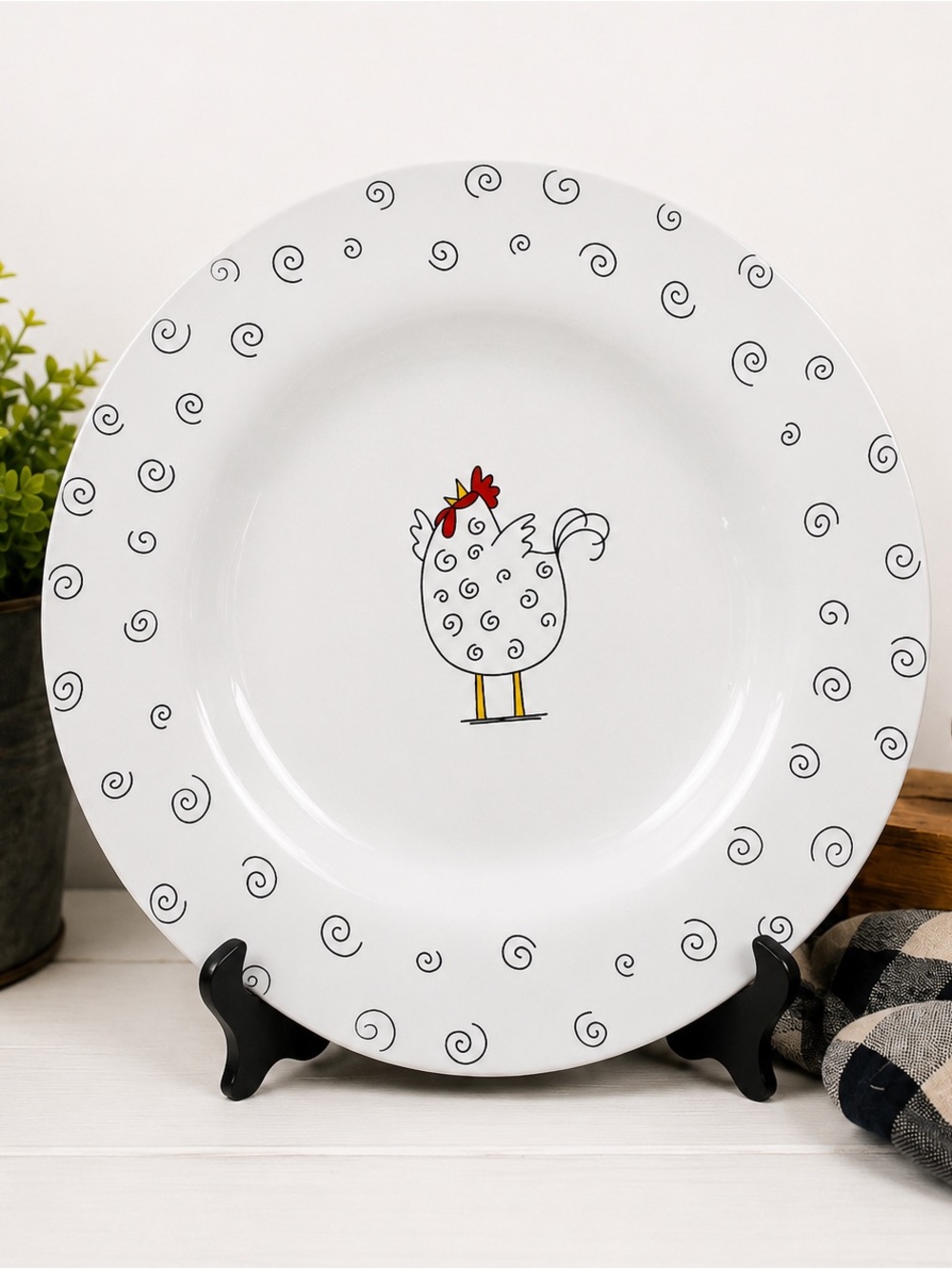 Blue Sky White Ceramic Chicken Dinner Plate - Whimsical Farmhouse Design